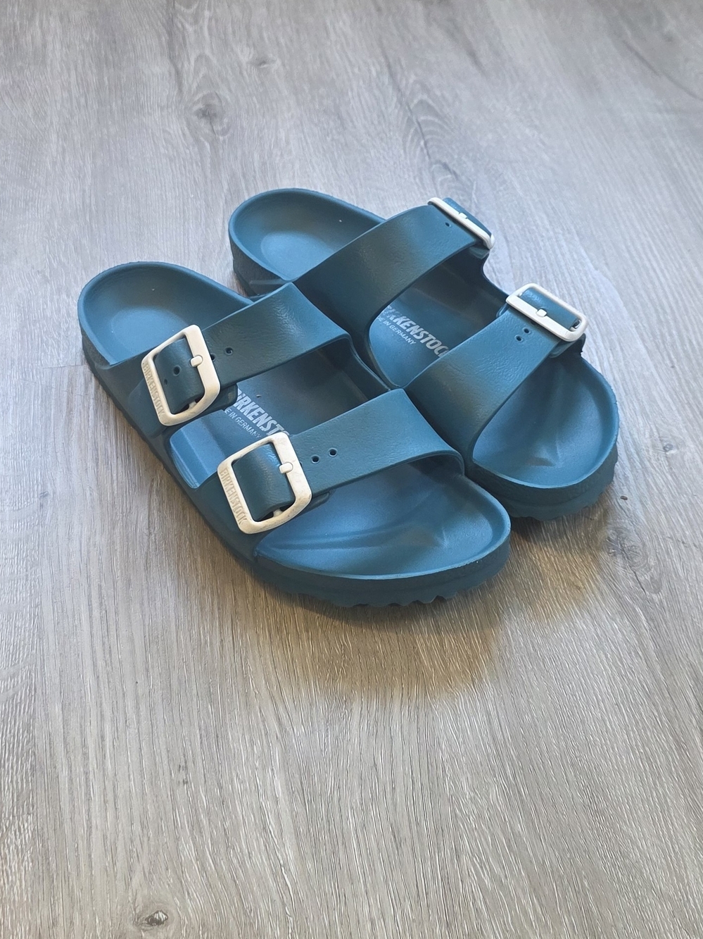 Dark Teal BIRKENSTOCK Rubber Open Toe Dbl Strap Slides Woman's 7 Narrow